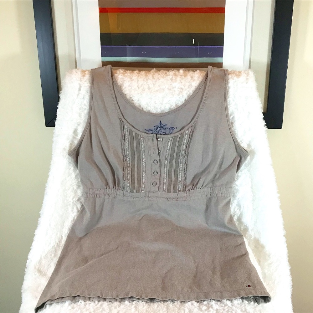 Tommy Hilfiger Vintage Women’s Grey Sleeveless 3/4 Button Up Shirt/Back Tie Up